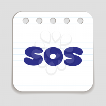 Doodle SOS icon. Blue pen hand drawn infographic symbol on a notepaper piece. Line art style graphic design element. Web button with shadow.