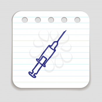 Doodle syringe icon. Blue pen hand drawn infographic symbol on a notepaper piece. Line art style graphic design element. Web button with shadow.