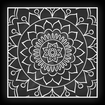 Doodle mandala flower on chalkboard. Outline floral design element. Coloring book pattern. Decorative round flower. Anti-stress therapy pattern on white background. Meditation poster. Vector illustrat