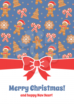 Merry Christmas greeting card. Decorative invitation template. Gingerbread man, Christmas Tree, snow flakes, sugar canes. Poster with red bow. Place for text. Holiday themed design with red bow.