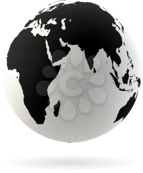 Highly detailed Earth globe symbol, Arabian countries, China, India. Black on white background.
