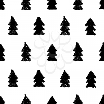 Christmas trees seamless pattern. Hand painted pastel crayon. Grunge background. Design element for xmas wallpapers, invitations, scrapbooking, fabric print etc. Vector illustration.