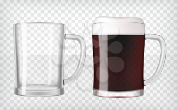 Realistic beer glasses. Mug filled with dark beer and bubbles with an empty mug. Graphic design element for a brewery ad, beer garden poster, flyers and printables. Transparent vector illustration.