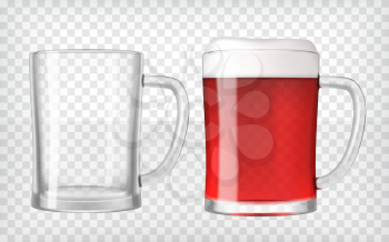 Realistic beer glasses. Mug filled with red fruit beer and bubbles with empty mug. Graphic design element for a brewery ad, beer garden poster, flyers and printables. Transparent vector illustration.