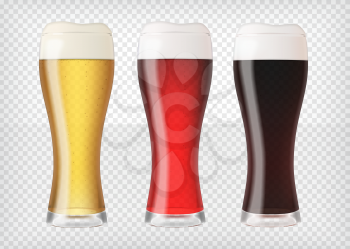 Realistic beer glasses. Mugs filled with red, dark and blond beer with bubbles and foam. Graphic design element for brewery ad, beer garden poster, flyers, printables. Transparent vector illustration