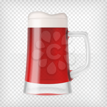 Realistic beer glass. Mug with red beer and bubbles. Graphic design element for a brewery ad, beer garden poster, flyers and printables. Transparent vector illustration.