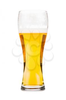 Tall beer glass almost full with lager beer, in the process of drinking. Someone already took a sip from the glass. Isolated on white