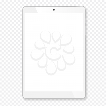 Realistic tablet portable computer. Contemporary white gadget with shadow, wide format. Graphic design element for catalog, web site, as blank mockup, demonstration template. Vector illustration.