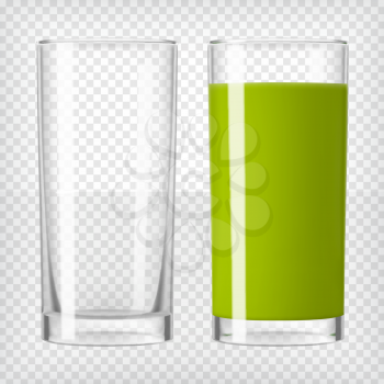 Green smoothie juice and an empty glass. Fruit or vegetable organic drink. Healthy diet. Clean eating. Tall glass with beverage. Transparent photo realistic vector illustration.