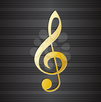 Treble clef on music staff background. Golden musical symbol on black background. Graphic design element for choir flayer, concert invitation, poster, scrapbooking. Vector illustration.
