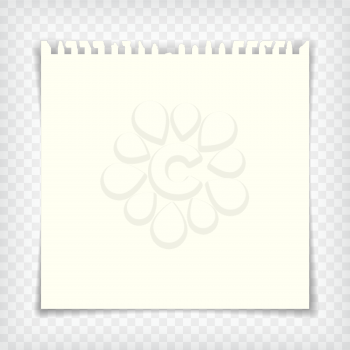 Blank notebook page with torn edge. Notepaper mock up. Graphic design element for text, advertisement, doodle, sketch, scrapbooking. Empty paper pulled out of sketchbook. Realistic vector illustration