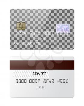 Highly detailed realistic glossy credit card. Front and back side mockup set. Place for your own design. Graphic design element for shopping advertisement, web shop payment method. Vector illustration