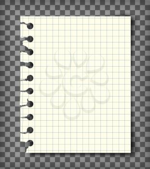 Blank checkered note book page with torn edge. Notepaper mockup. Graphic design element for text, advertisement, math, doodle, sketch, scrapbooking. Checkers paper piece. Realistic vector illustration