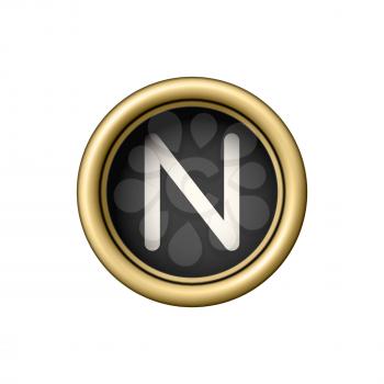 Letter N. Vintage golden typewriter button isolated on white background. Graphic design element for scrapbooking, sticker, web site, symbol, icon. Vector illustration.