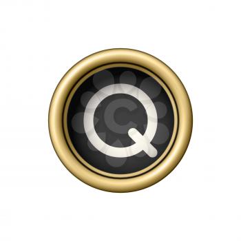 Letter Q. Vintage golden typewriter button isolated on white background. Graphic design element for scrapbooking, sticker, web site, symbol, icon. Vector illustration.
