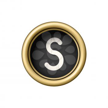 Letter S. Vintage golden typewriter button isolated on white background. Graphic design element for scrapbooking, sticker, web site, symbol, icon. Vector illustration.