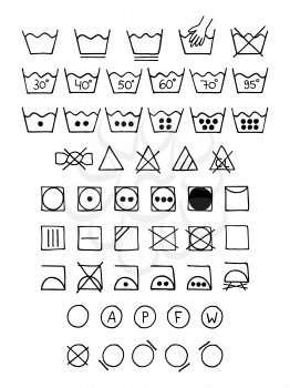 Doodle laundry symbols. Hand drawn scribble washing icons. Clothing and fabric maintenance instructions. Graphic design elements - tumble dry, hand and machine wash, dry cleaning, Vector illustration