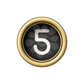 Number 5. Vintage golden typewriter button isolated on white background. Graphic design element for scrapbooking, sticker, web site, symbol, icon. Vector illustration.