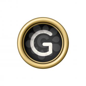 Letter G. Vintage golden typewriter button isolated on white background. Graphic design element for scrapbooking, sticker, web site, symbol, icon. Vector illustration.