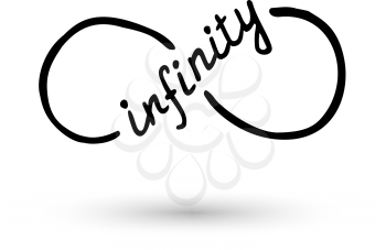 Infinity symbol and infinity word hand drawn with ink brush. Thin line scribble icon. Modern doodle grunge outline. Endless, life concept. Graphic design element for card, tattoo. Vector illustration