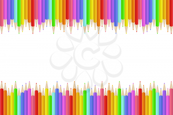 Colorful realistic pencils border. Rainbow colored crayons in a line. Graphic design element for scrapbooking, flyer, poster, back to school sale invitation. Vector illustration.