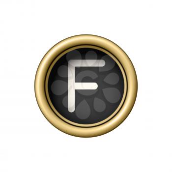 Letter F. Vintage golden typewriter button isolated on white background. Graphic design element for scrapbooking, sticker, web site, symbol, icon. Vector illustration.