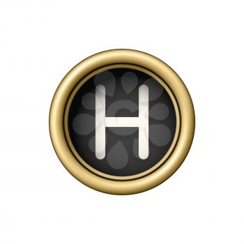 Letter H. Vintage golden typewriter button isolated on white background. Graphic design element for scrapbooking, sticker, web site, symbol, icon. Vector illustration.