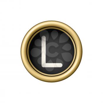 Letter L. Vintage golden typewriter button isolated on white background. Graphic design element for scrapbooking, sticker, web site, symbol, icon. Vector illustration.