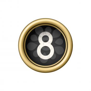 Number 8. Vintage golden typewriter button isolated on white background. Graphic design element for scrapbooking, sticker, web site, symbol, icon. Vector illustration.
