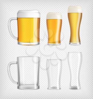 Three different lager beer glasses and mugs, with foam and bubbles, and three transparent empty glasses. Realistic vector illustration.
