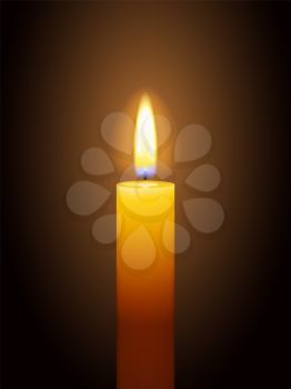 Realistic burning candle with flare isolated on black background. Vector illustration