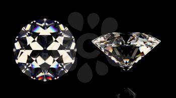 Shiny white diamond. Isolated on black background. Top and side view. High quality photo realistic image. 3D illustration.