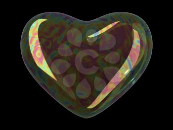 Heart shaped soap bubble on black background. Realistic bubble with rainbow reflection. 3d illustration.