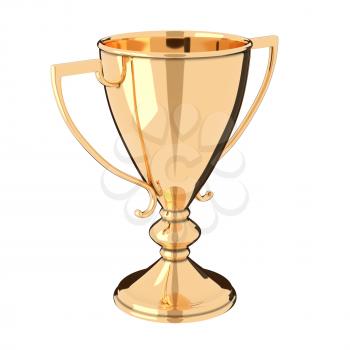 Golden trophy cup isolated on white background. Victory, best product, service or employee, first place concept. Achievement in sports. Isolated on white background.