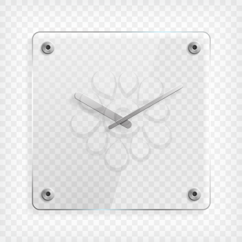Transparent round glass wall clock with reflection, mounts and shadow on checkered background. Vector illustration