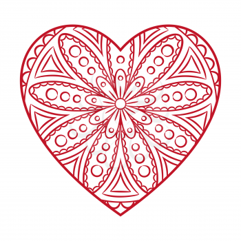 Doodle heart Valentines Day card. Outline floral design element in a heart shape. Coloring book pattern. Decorative round flower. Love, wedding, engagement concept. Vector illustration.