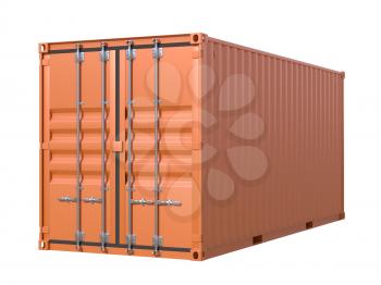 Ship cargo container 20 feet length. Brown metallic freight box isolated on white background. Marine logistics, harbor warehouse, customs, transport shipping concept. 3D illustration