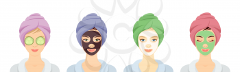 Line of 4 smiling women in a spa with cosmetic peel off face masks, eye patches and towels on their heads, isolated on white. Vector illustration