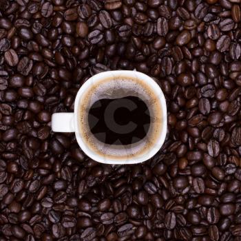 Coffee cup on coffee beans background