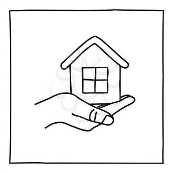 Doodle house on a hand icon. Black white symbol with frame. Line art graphic design element. Web button. House care, selling house, investment, mortgage assistance concept. Vector illustration