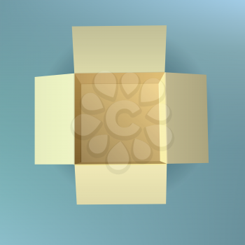 Open cardboard box, corrugated, top view with soft shadow