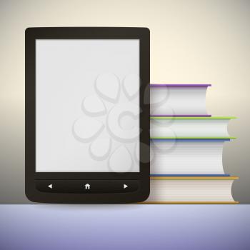 Electronic book reader with a stack of books. You may add your own text or picture.