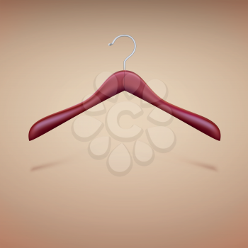 Wooden clothes hanger on a cream background. Realistic vector illustration