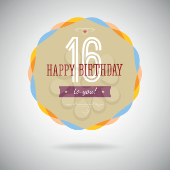 Congratulatory badge for the sixteenth. 16 years happy birthday. Congratulatory sign for anniversary. Vintage vector typography.