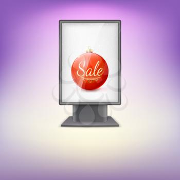 Black lightbox with Red Christmas tree ball and advertising. Christmas sale