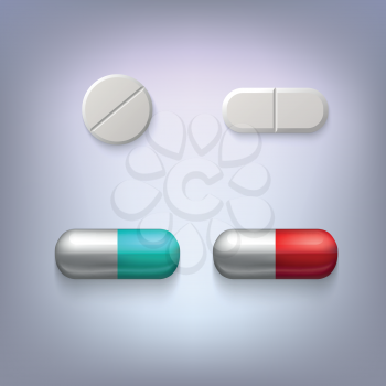 Tablets and pills vector illustration, isolated on colored background