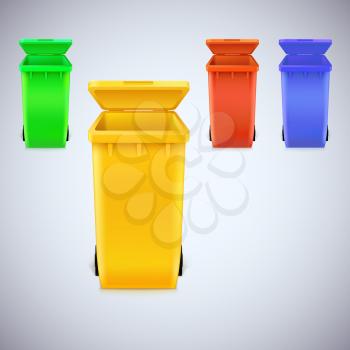 Colored waste bins with the lid open. Trash set, vector illustration, isolated