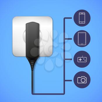 Charger into an electrical outlet. Electronic gadget closeup. Flat icons with gadget views.