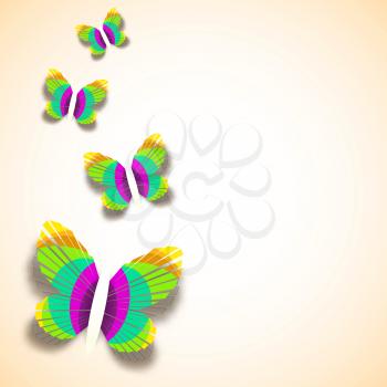 Background for presentations or greeting cards. Colored butterflies cut from paper.