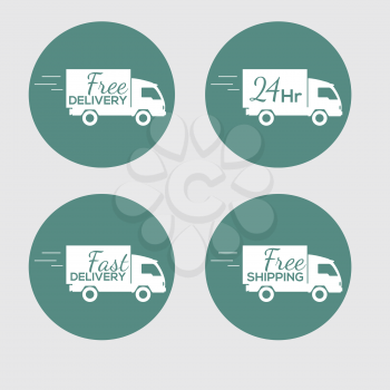 Set of icons with the delivery car of goods on round background with the words